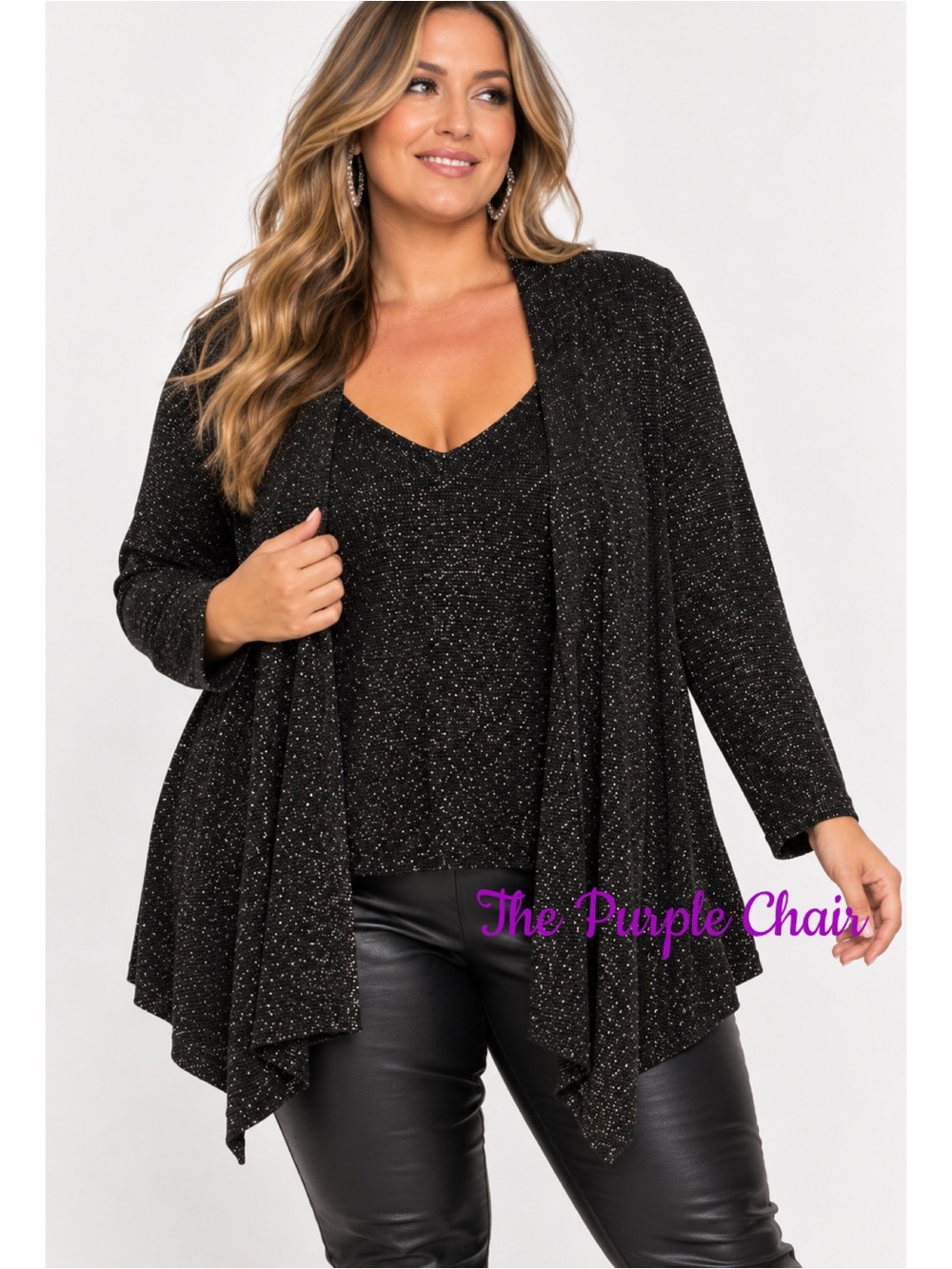 CALVIN KLEIN NWT Black Shimmer Long Sleeve Twofer Cardigan Top 1X